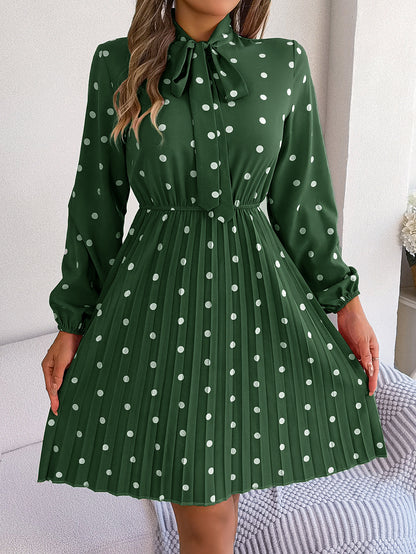 Women’s Polka Dot Pleated Dress – Self-Tie Waist & Long Sleeves