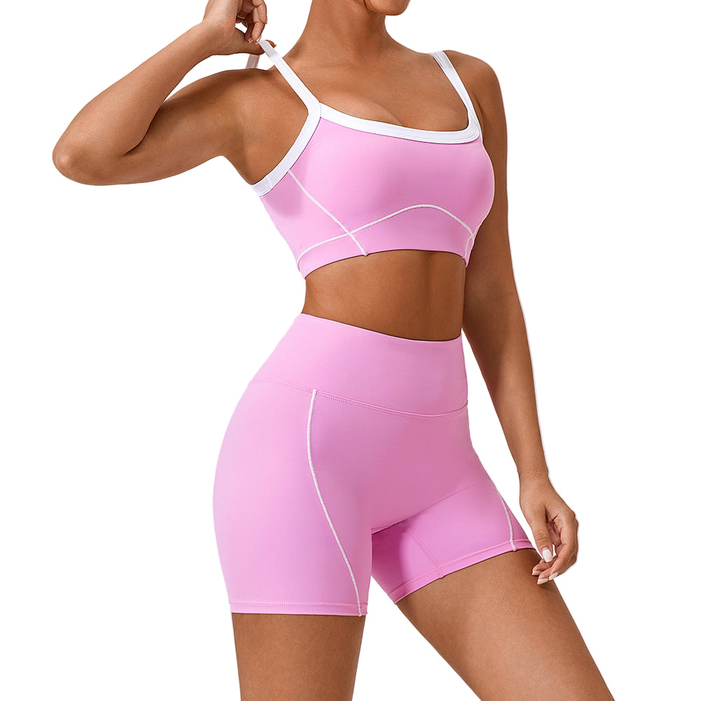 Women’s Contrast Color Yoga Set – Spaghetti Strap Sports Bra & High-Waist Fitness Outfit