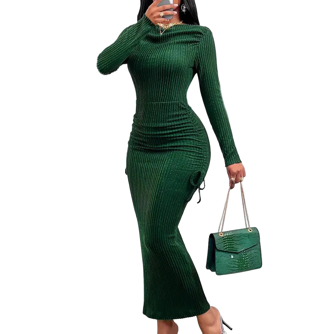 Elegant Women's High Neck Long Sleeve Fitted Ruched Drawstring Bodycon Dress