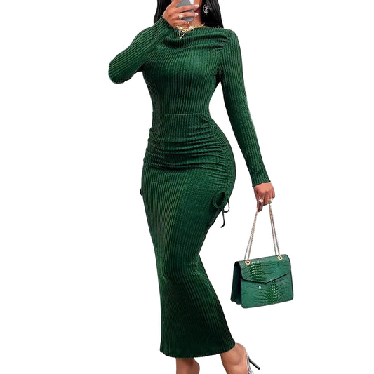 Elegant Women's High Neck Long Sleeve Fitted Ruched Drawstring Bodycon Dress
