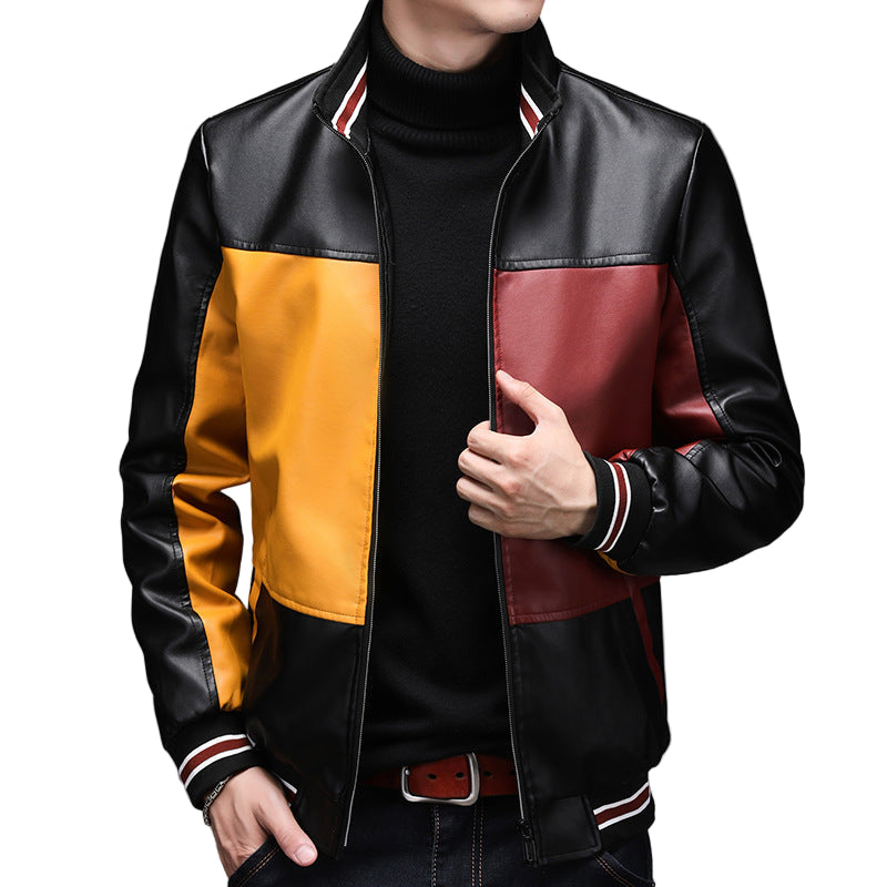 Men’s Color Block Suede Leather Jacket – Warm Plus-Lined Fashion Outerwear