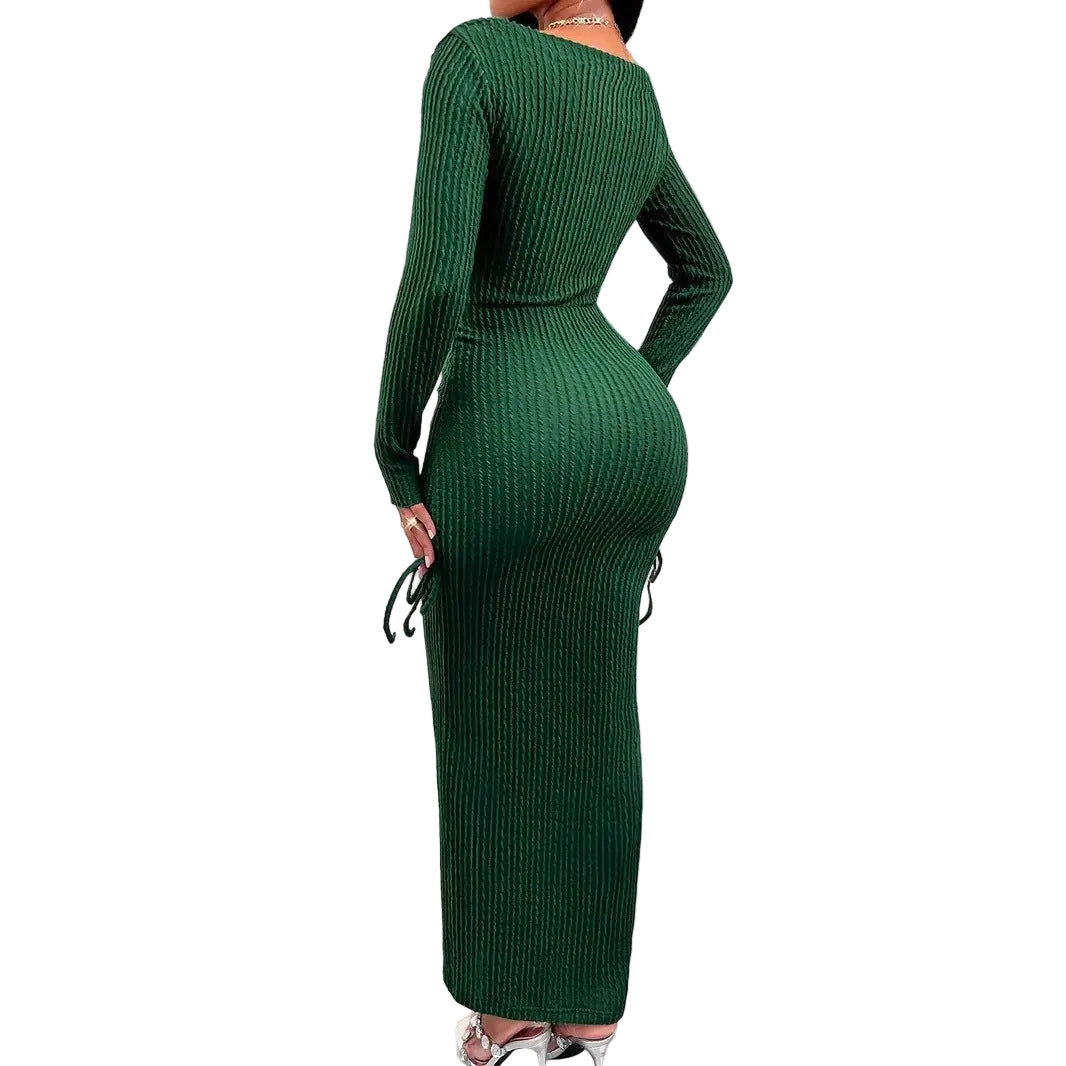 Elegant Women's High Neck Long Sleeve Fitted Ruched Drawstring Bodycon Dress