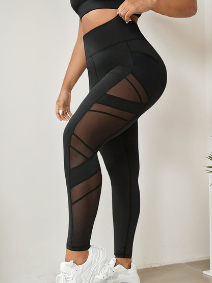 Plus Size Women's High-Waist Yoga Leggings with Mesh Panels - Stretchy & Breathable Polyester/Spandex Blend, Non-See-Through Leggings