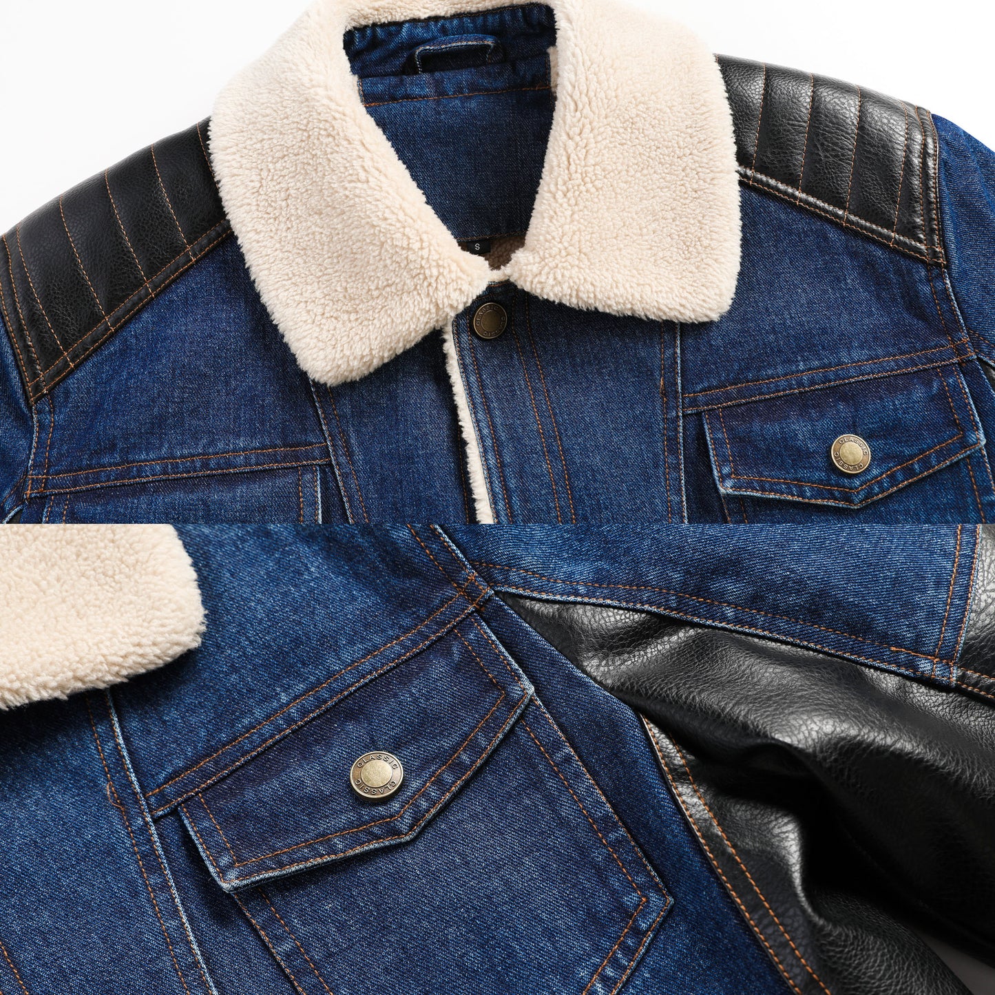 Men’s Thickened Denim Work Jacket – Patchwork Multi-Pocket Collared Coat for Autumn & Winter