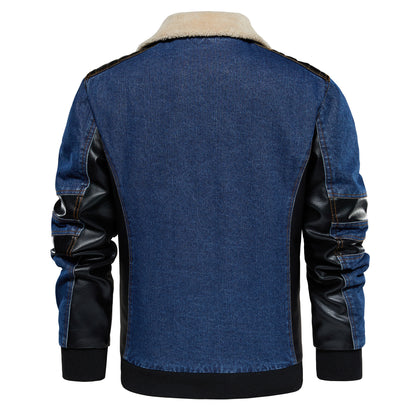 Men’s Thickened Denim Work Jacket – Patchwork Multi-Pocket Collared Coat for Autumn & Winter