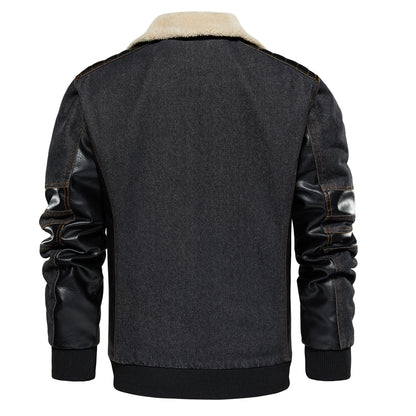 Men’s Thickened Denim Work Jacket – Patchwork Multi-Pocket Collared Coat for Autumn & Winter