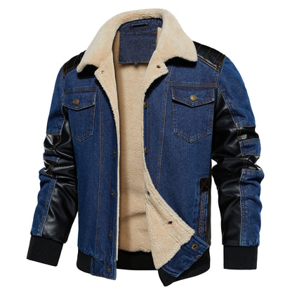 Men’s Thickened Denim Work Jacket – Patchwork Multi-Pocket Collared Coat for Autumn & Winter