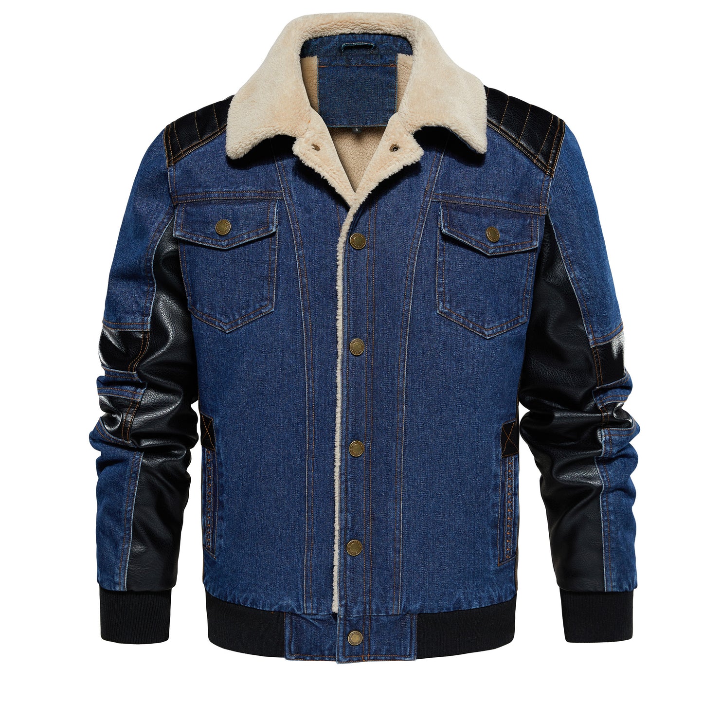 Men’s Thickened Denim Work Jacket – Patchwork Multi-Pocket Collared Coat for Autumn & Winter