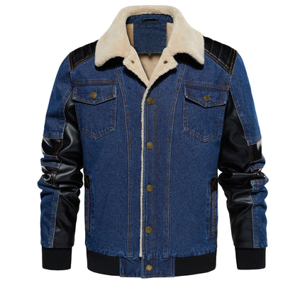 Men’s Thickened Denim Work Jacket – Patchwork Multi-Pocket Collared Coat for Autumn & Winter