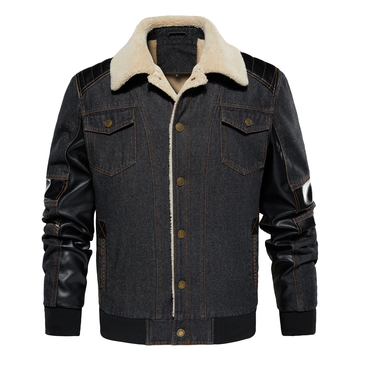 Men’s Thickened Denim Work Jacket – Patchwork Multi-Pocket Collared Coat for Autumn & Winter