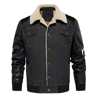 Men’s Thickened Denim Work Jacket – Patchwork Multi-Pocket Collared Coat for Autumn & Winter