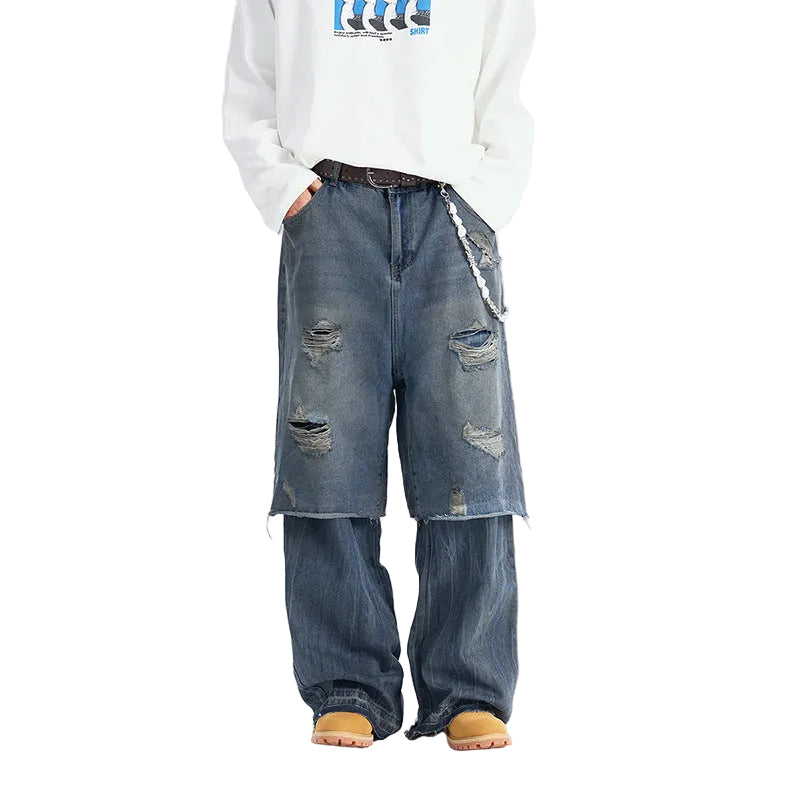 Street Style Ripped False Two-Piece Jeans