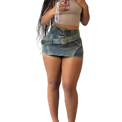 Retro Asymmetrical-Hem Washed Denim Shorts