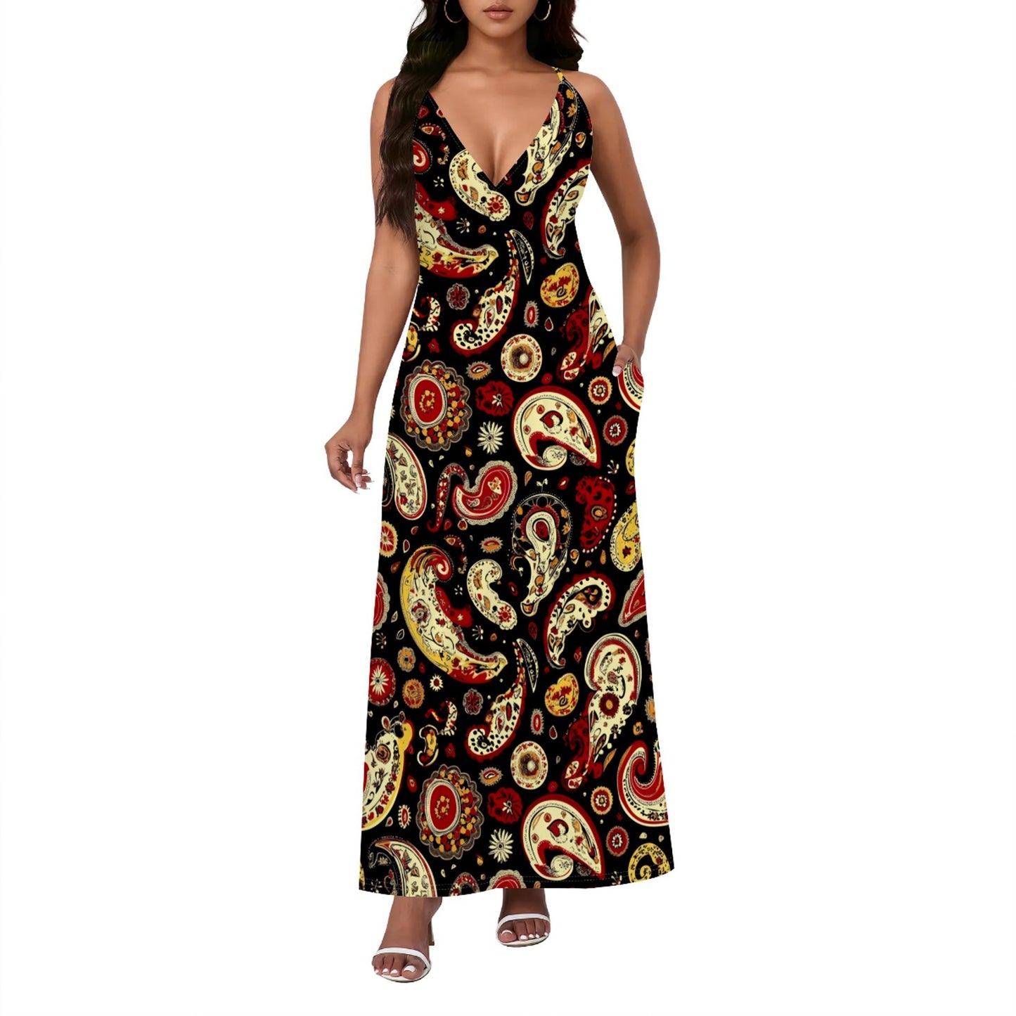 Ethnic Style Paisley Print Backless Slip Dress