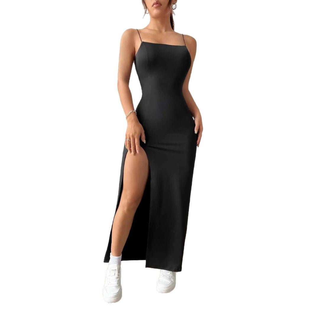 Backless Slit Maxi Dress with Thin Straps