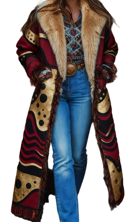 Retro Women’s Long Printed Coat – Warm Winter Overcoat, Vintage Boho Style, Elegant Casual Outerwear