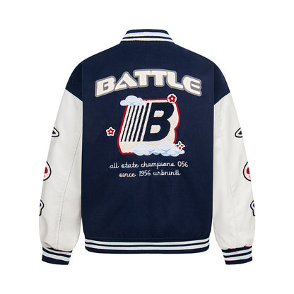 Men’s Street Style PU Leather Sleeve Patchwork Baseball Jacket