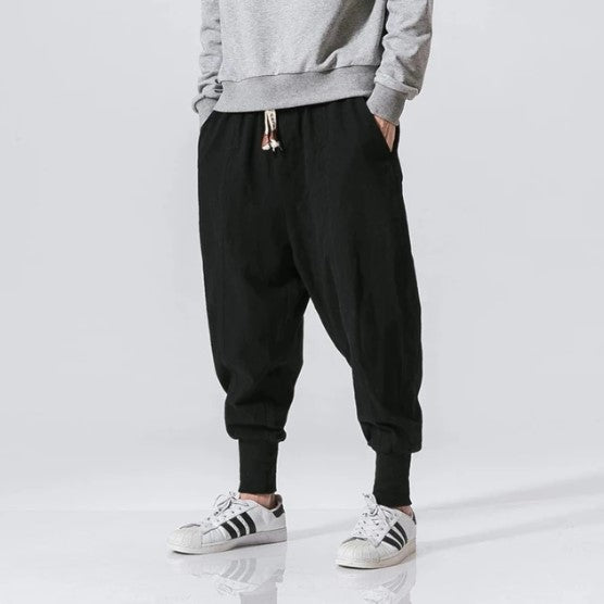 Cotton Linen Harem Pants Men Solid Elastic Waist Streetwear Joggers