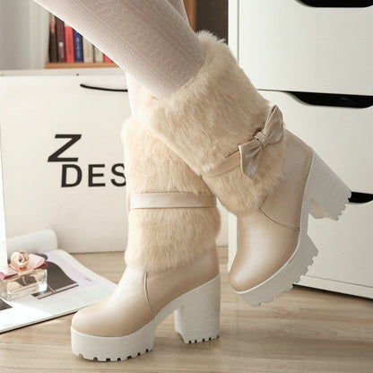 Women’s Thick Heel Snow Boots with Sweet Bow – Warm Winter Fashion