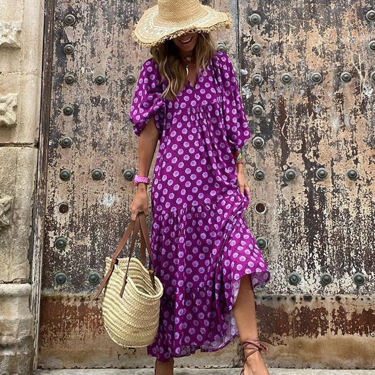 Geometric printed bubble sleeve dress