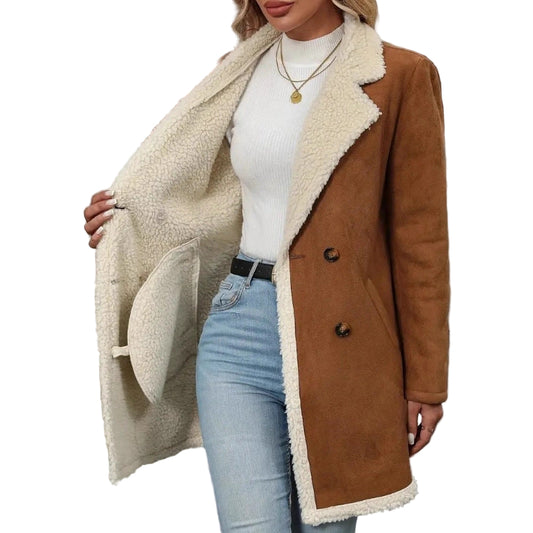 Women’s Mid-Length Fleece-Lined Suede Woolen Jacket – Casual & Warm Outerwear