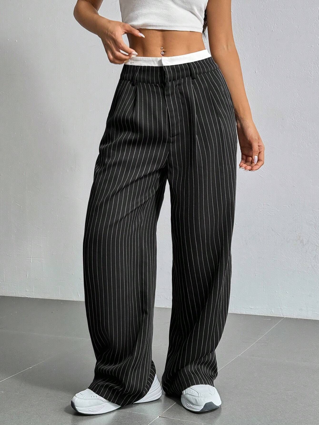 Women's High Waist Stripe Printed Straight-Leg Trousers – Casual Suit Pants with Zipper & Pockets