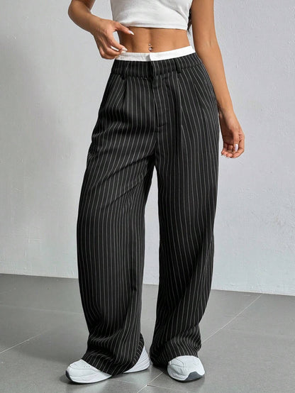 Women's High Waist Stripe Printed Straight-Leg Trousers – Casual Suit Pants with Zipper & Pockets
