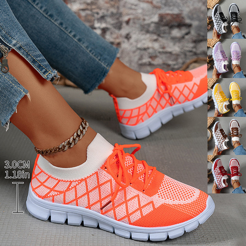 Women's Color block Plaid Fly knit Sneakers – Breathable Lace-Up Mesh Running & Walking Shoes