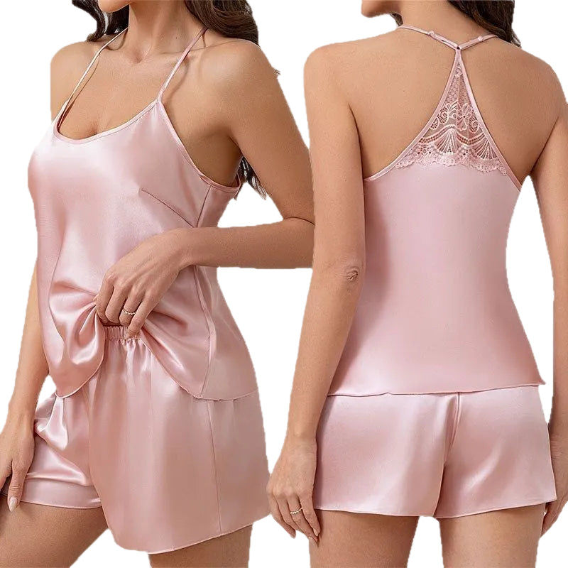 Elegant Silk-Like Pajama Set with Lace Camisole & Shorts