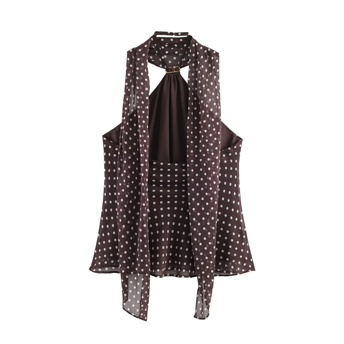 Slim fit polka dot material hanging neck collar top