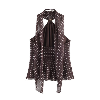 Slim fit polka dot material hanging neck collar top