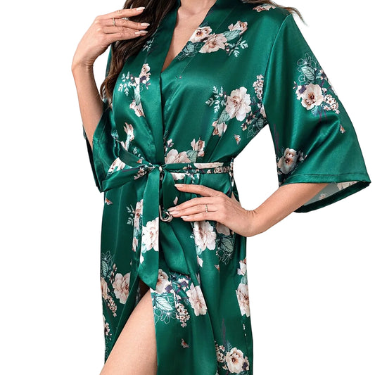 Women’s Satin-Like Long Sleeve Tie-Up Robe Sleepwear