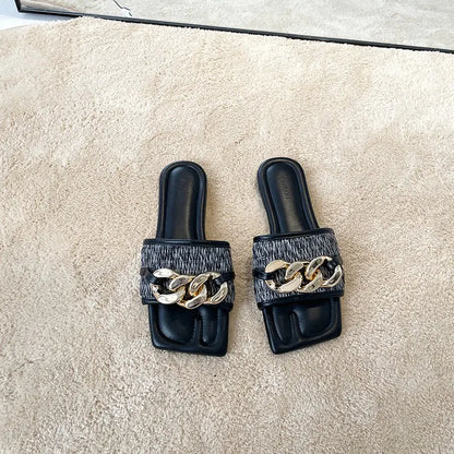Flat Slippers with Black Metal Link Detail