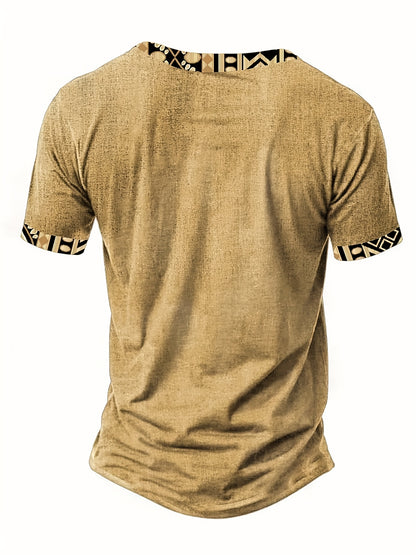 Men's Tribal Leaf V-Neck Henley Shirt - Short Sleeve Casual Summer Top