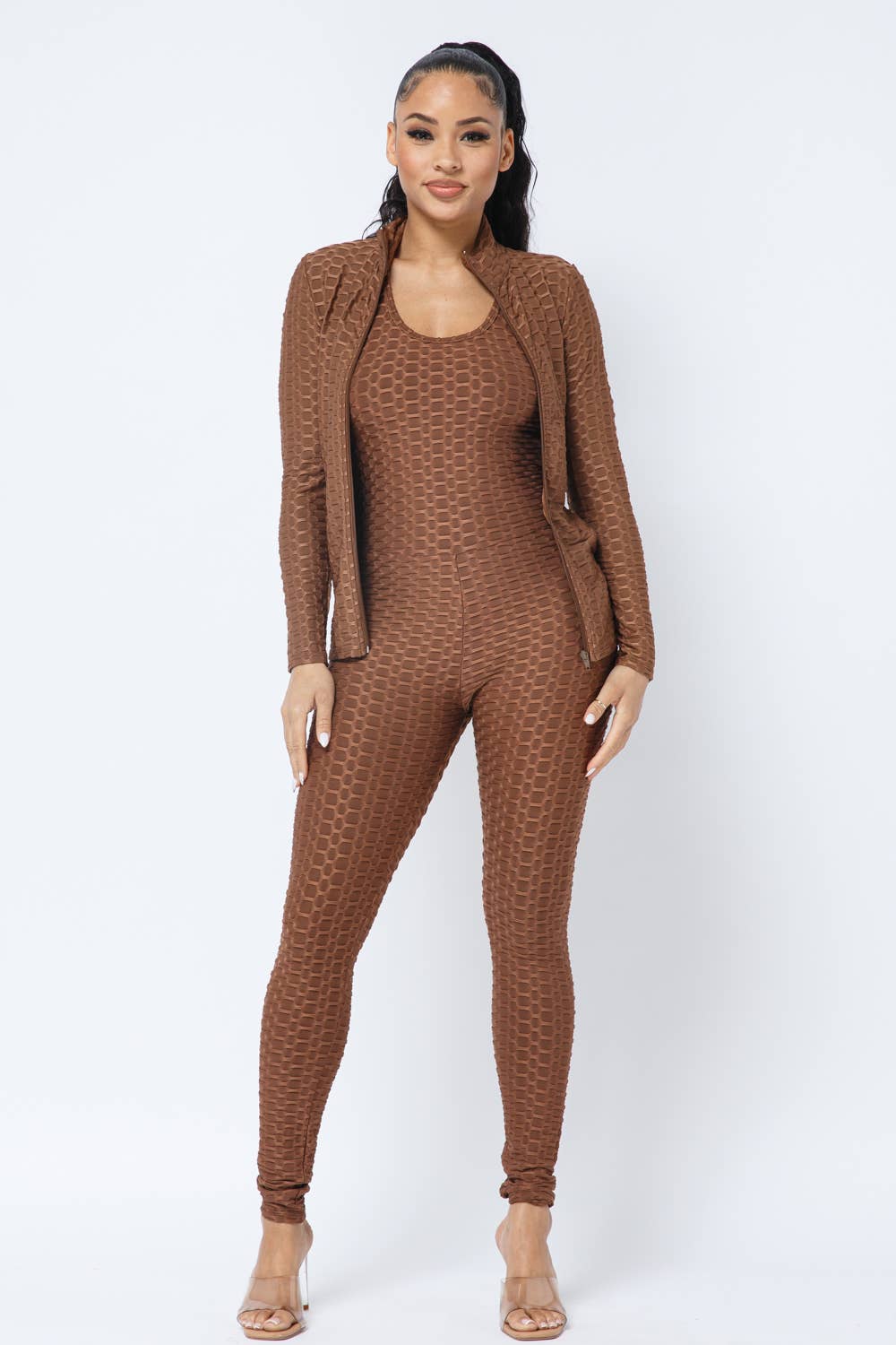 Honeycomb Cross Back Jumpsuit And Zipper Jacket Set