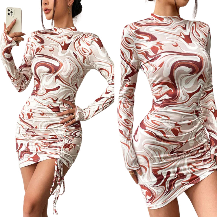 Sexy Abstract Print Long Sleeve Mini Dress