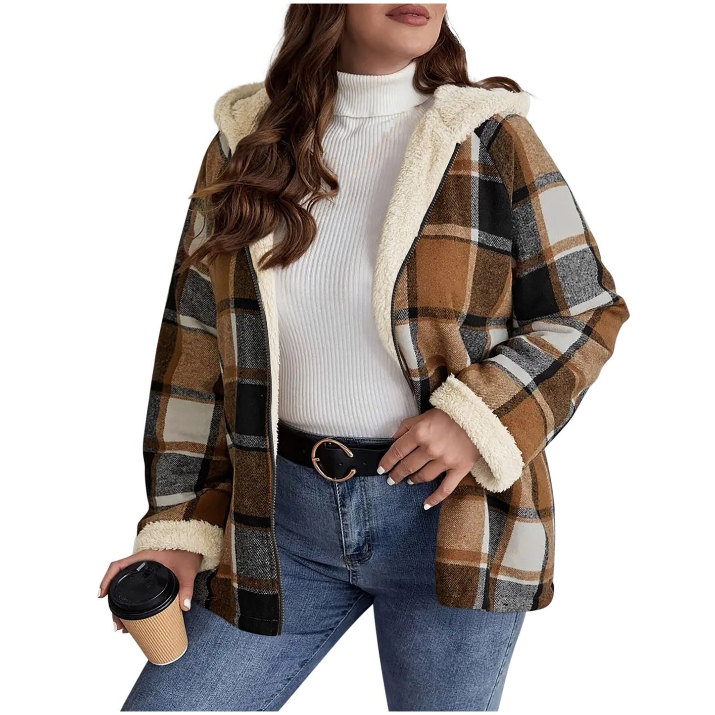 Women’s Plaid Hooded Coat – Fleece-Lined, Thick & Warm Composite Jacket