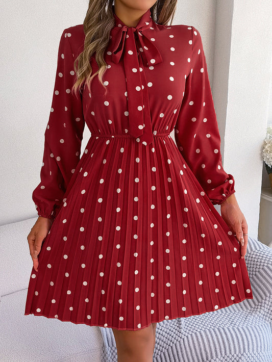 Women’s Polka Dot Pleated Dress – Self-Tie Waist & Long Sleeves
