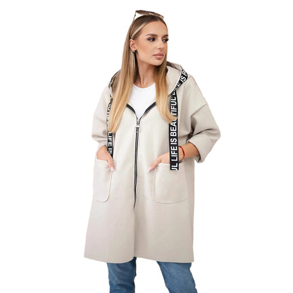 Women’s Plus-Size Hooded Woolen Coat – Long Sleeve Zip-Up Sports Style