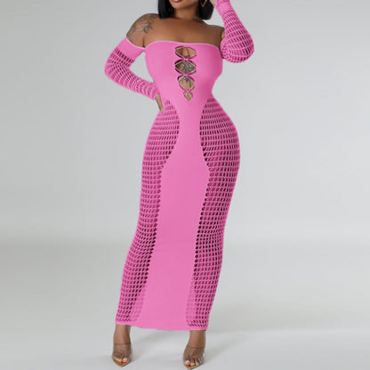 Solid Color Off-neck Sleeve Hollow Sexy Slim Fit One-piece Knitted Sheath Dress