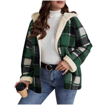 Women’s Plaid Hooded Coat – Fleece-Lined, Thick & Warm Composite Jacket