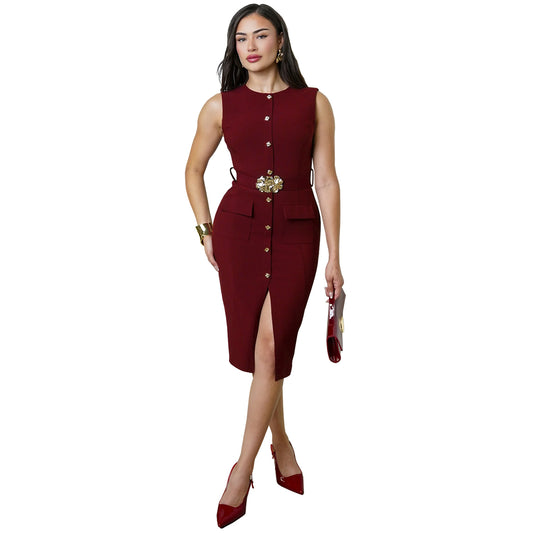 Elegant Single-Button Fitted Slash Hem Dress for Women