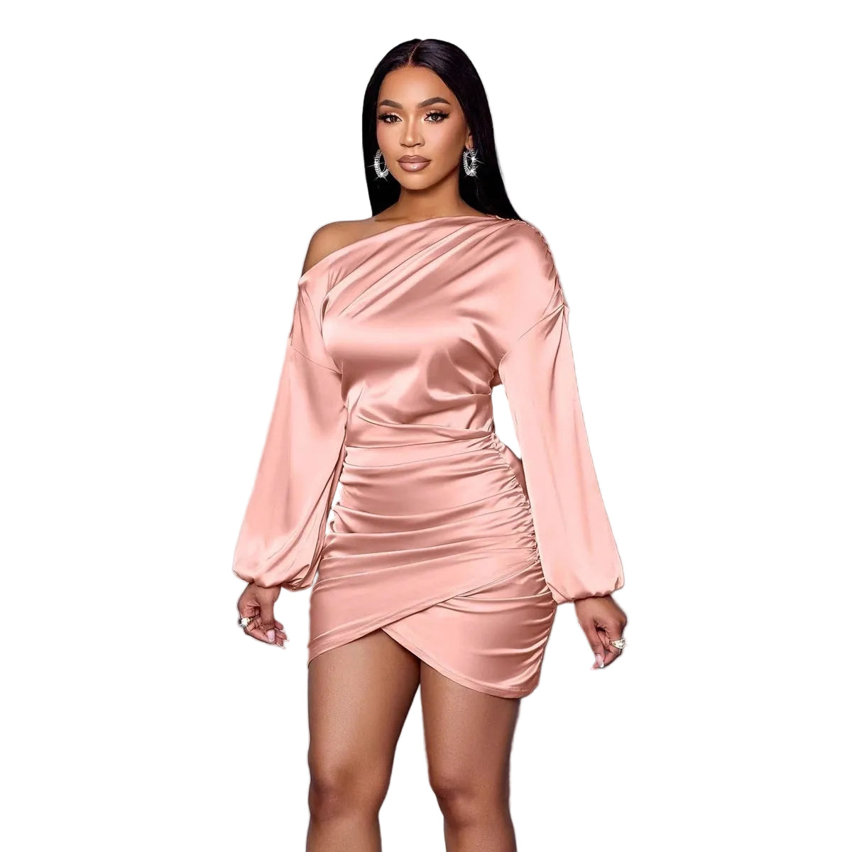 Chic One-Shoulder Long Sleeve Satin Evening Dress