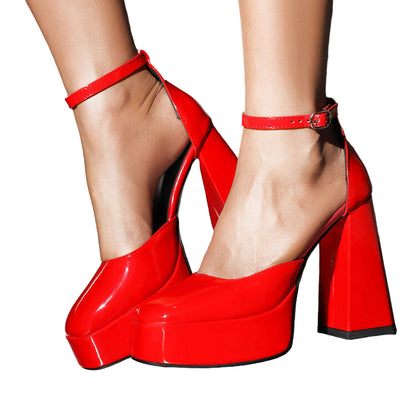 European & American Style Patent Leather Platform High Heels – Round Toe, Waterproof, Thick Block Heel