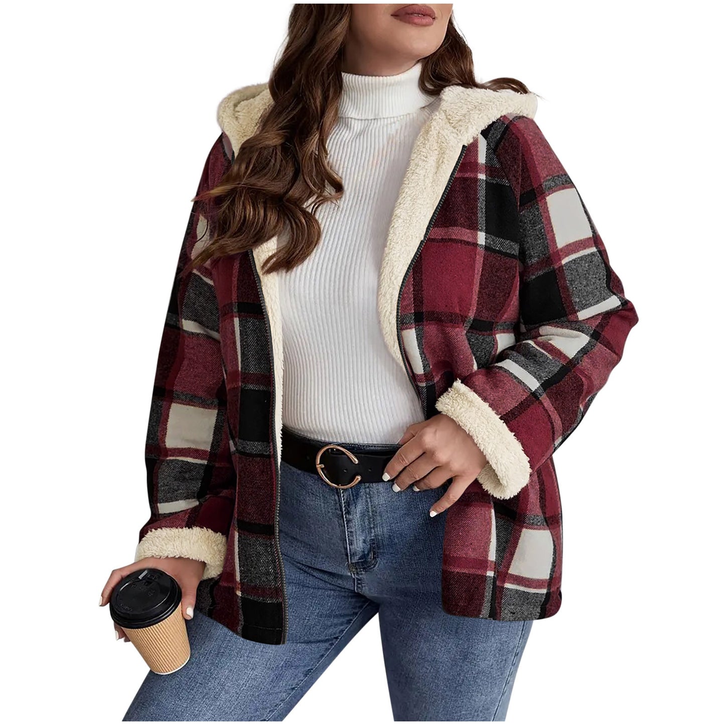 Women’s Plaid Hooded Coat – Fleece-Lined, Thick & Warm Composite Jacket