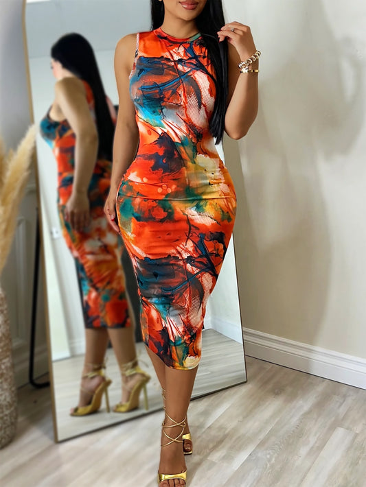 Graffiti Print Bodycon Over Knee Split Dress, Elegant Crew Neck Sleeveless Dress