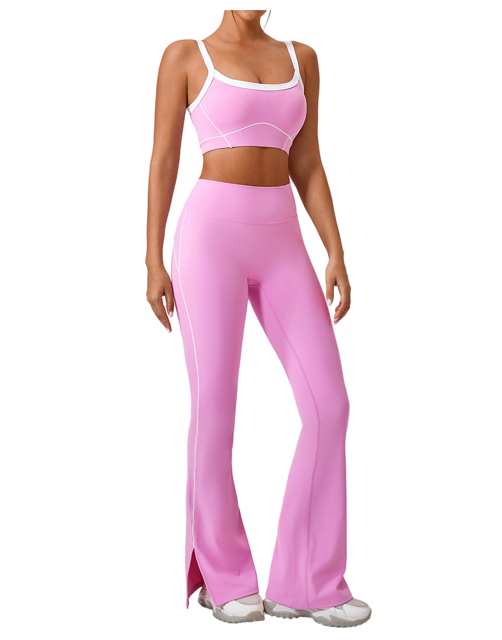 Women’s Contrast Color Yoga Set – Spaghetti Strap Sports Bra & High-Waist Fitness Outfit