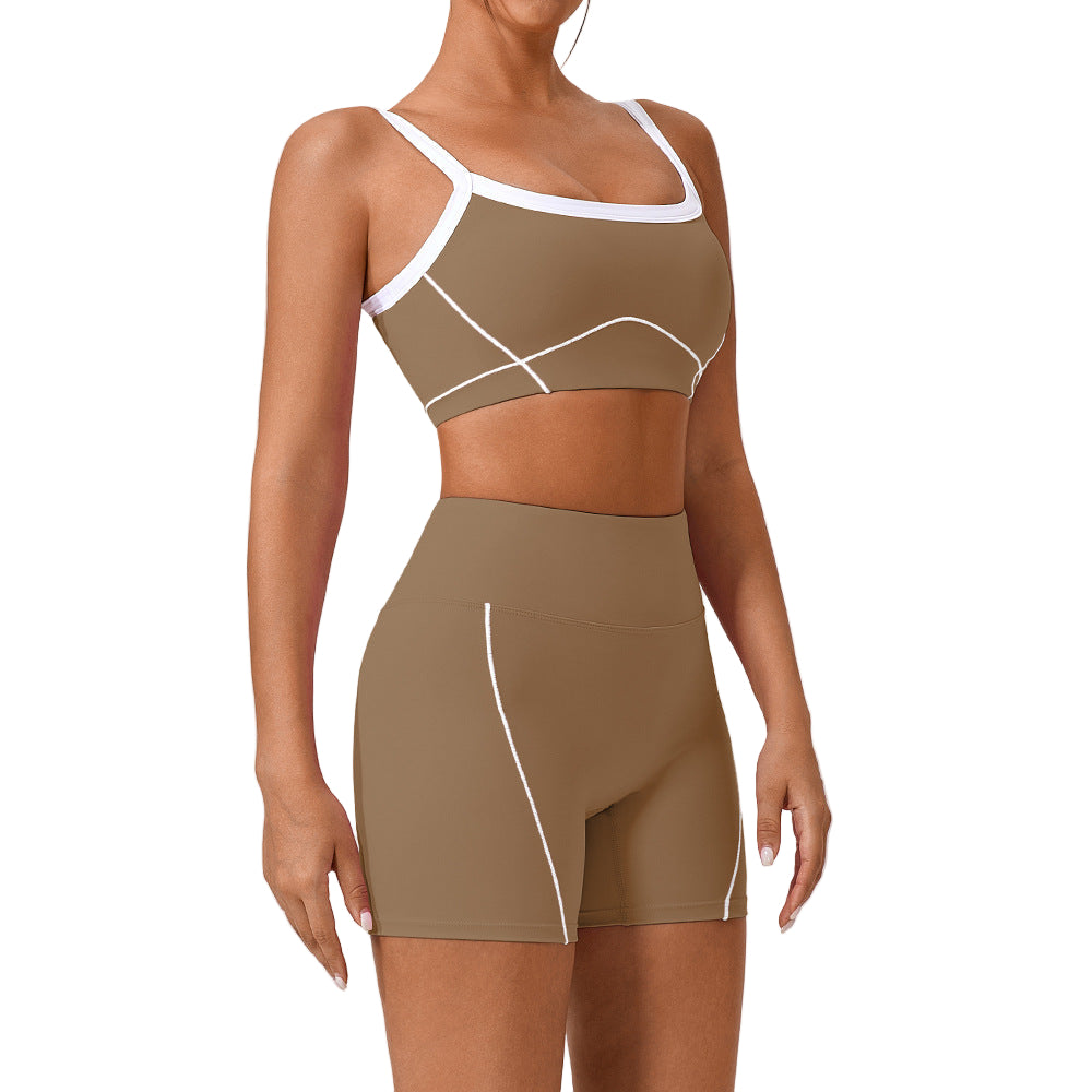 Women’s Contrast Color Yoga Set – Spaghetti Strap Sports Bra & High-Waist Fitness Outfit