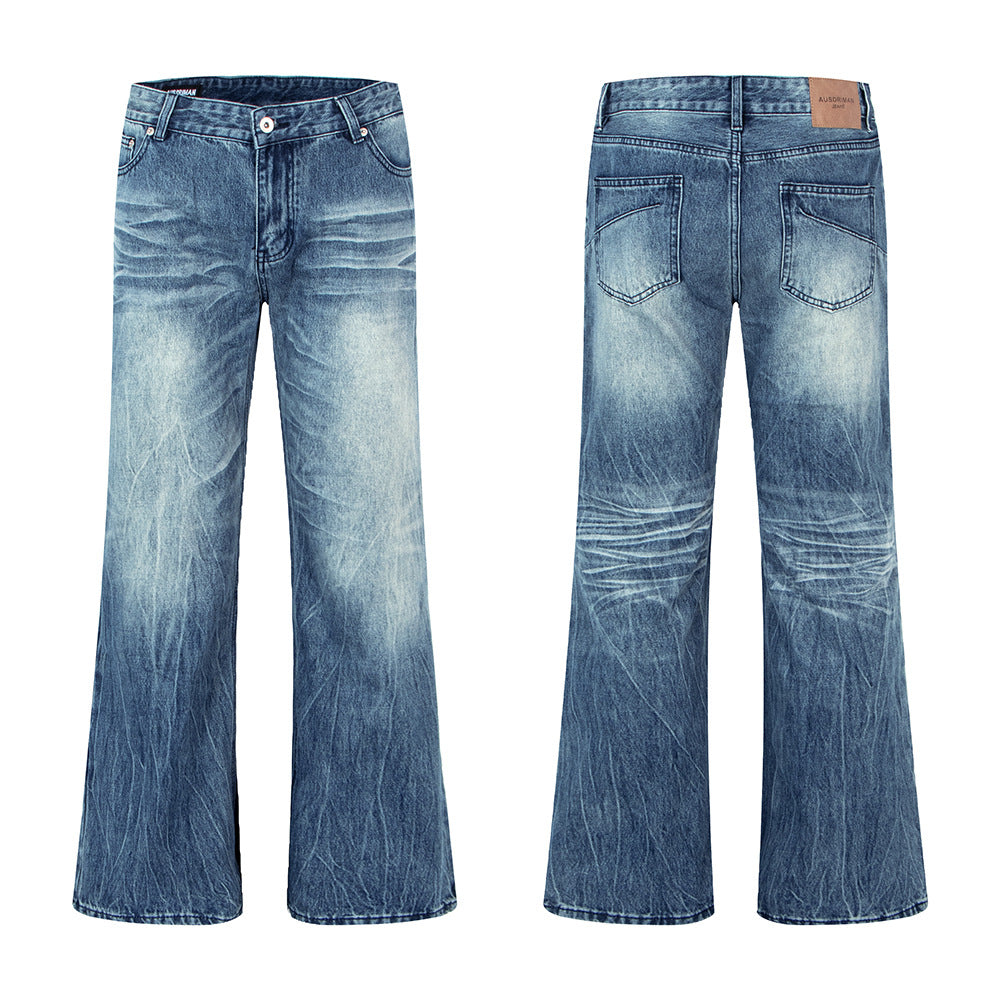 Retro Crack Tree Pattern Heavy Washed Denim Pants