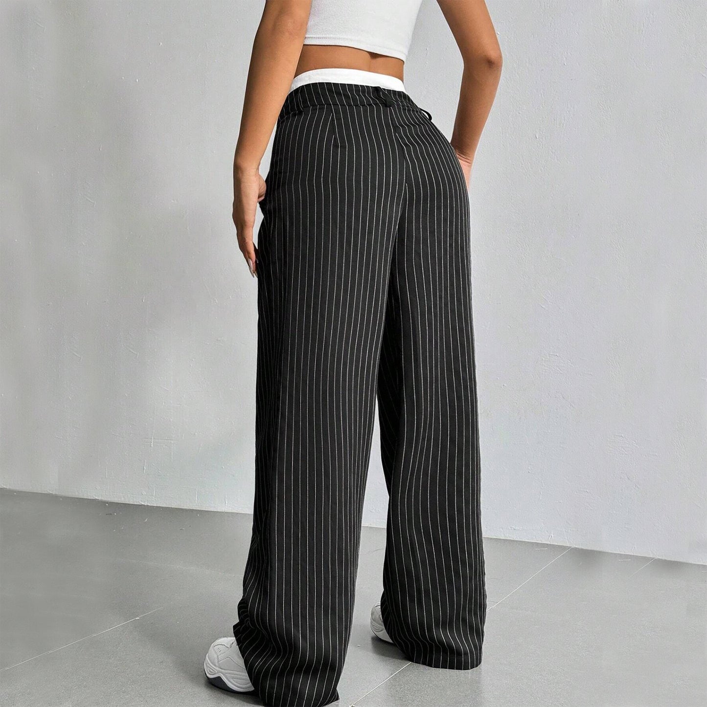 Women's High Waist Stripe Printed Straight-Leg Trousers – Casual Suit Pants with Zipper & Pockets